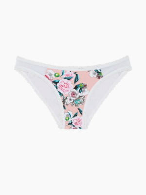 Lace Trim Moderate Bikini Bottom - Pink Floral Print