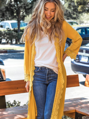 3/4 Sleeve Lace Trim Cardigan - Mustard