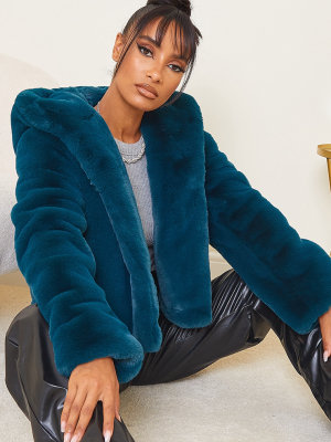 Teal Premium Cropped Faux Fur Hooded Coat