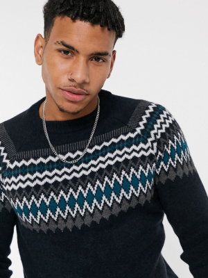 New Look Knitted Sweater With Yoke Pattern In Navy