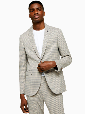 Stone Mini Check Single Breasted Skinny Fit Suit Blazer With Notch Lapels