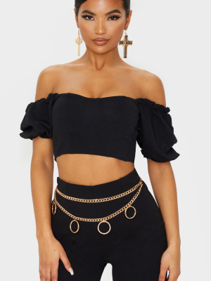 Black Textured Crepe Bardot Puff Sleeve Crop Top