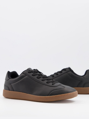 Asos Design Lace Up Sneakers In Black Faux Suede With Gum Sole