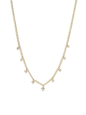 14k Gold Extra Small Curb Chain Necklace With 9 Prong Diamonds