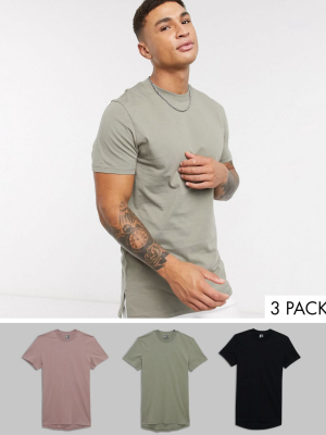 Asos Design 3 Pack Longline T-shirt With Side Splits