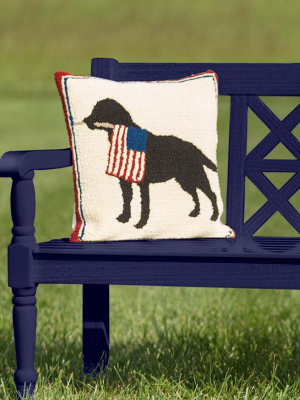 Plow & Hearth - Patriotic Dog Holding American Flag - Decorative Indoor / Outdoor Throw Pillow