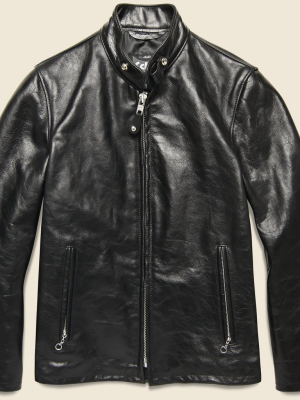 Cowhide Casual Racer Leather Jacket - Black