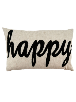 12"x20" Happy Embroidery Poly Filled Throw Pillow Natural - Saro Lifestyle