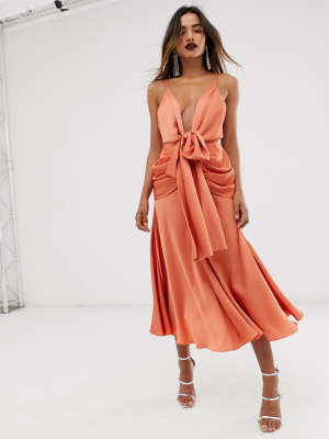 Asos Edition Satin Plunge Strappy Midi Dress With Tie Front