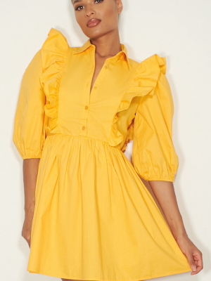 Yellow Ruffle Detail Puff Sleeve Smock Shirt Dress