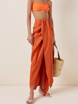 Draped Linen Twill Midi Skirt