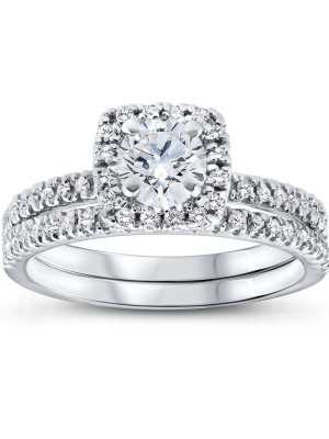 Pompeii3 5/8 Ct Lab Created Diamond Cushion Halo Engagement Wedding Ring Set White Gold Ex3