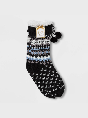 Women's Fair Isle Sherpa Lined Slipper Socks With Grippers - Black 4-10