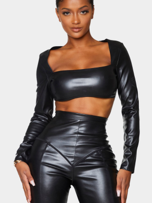 Shape Black Square Neck Long Sleeve Pu Crop Top