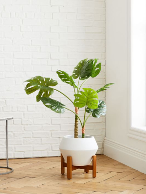 Faux Monstera Plant & Ilya Turned Wood Planter Set