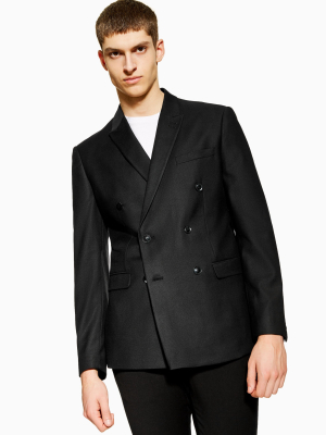 Black Slim Fit Textured Double Breasted Suit Blazer With Peak Lapels