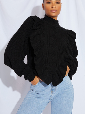 Black Frill Cable Turtle Neck Sweater