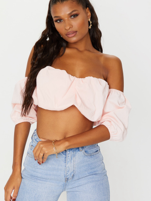 Pink Woven Ruched Bardot Short Sleeve Crop Top