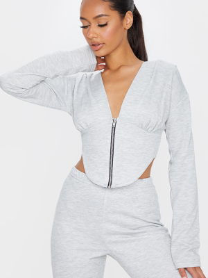 Grey Marl Zip Front Corset Detail Long Sleeve...