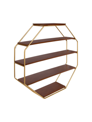 30.5" X 31" Lintz Wood Octagon Floating Wall Shelves Walnut Brown/gold - Kate And Laurel