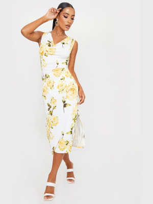 White Floral Cowl Neck Slip Midi Dress