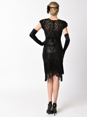 Unique Vintage 1920s Black Sequin Fringe Del Mar Flapper Dress