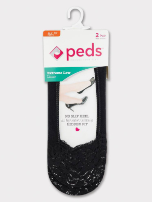 Peds Women's Lace Top Extreme Low 2pk Liner Socks - Black 5-10