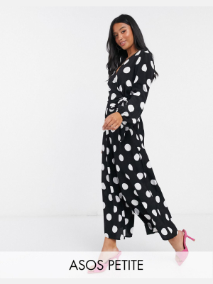 Asos Design Petite Wrap Tie Jumper In Mono Polkadot Print