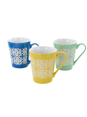 Gibson Home Windcrest 3 Piece 12.5 Ounce Cone Shaped Stoneware Cup Set In Assorted Colors