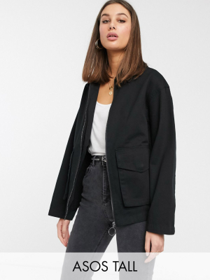 Asos Design Tall Cotton Pocket Shacket In Black