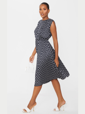 Black Polka Dot Pleated Sleeveless Midi Dress