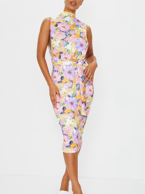 Yellow Floral Print High Neck Tie Waist Midi Dress