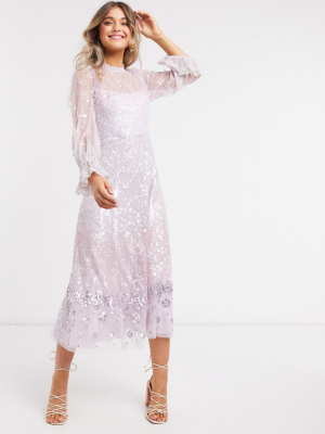 Needle & Thread Embellished Midaxi Dress With Fluted Sleeve In Lilac