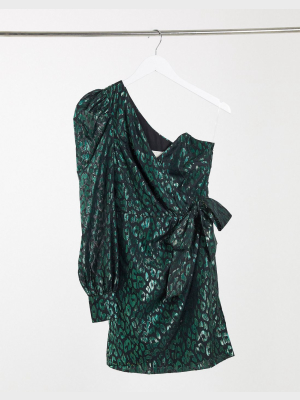 Collective The Label One Shoulder Bow Waist Organza Mini Dress In Emerald Green Leopard Organza