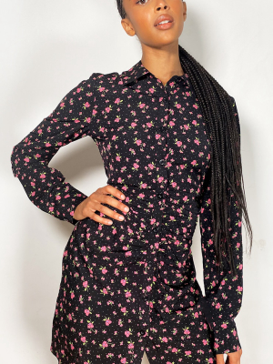 Black Floral Print Button Up Ruched Shirt Dress