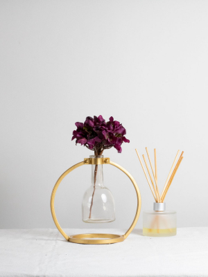 Glass Bud Vase In Modern Round Brass Metal Stand - Foreside Home & Garden