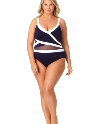 Anne Cole Hot Mesh Asymmetric Spliced Mesh One Piece Swimsuit