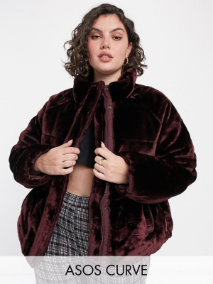 Asos Design Curve Plush Faux Fur Puffer Jacket In Burgundy