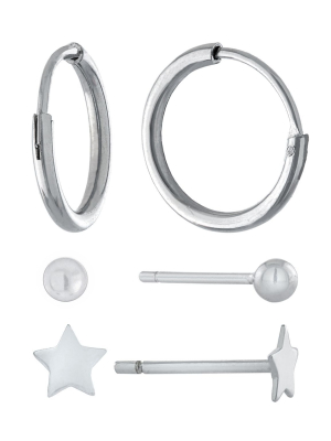 Sterling Silver Ball, Star And 11mm Hoop Trio Earring Set