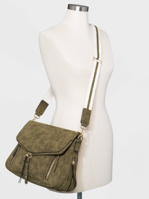 Vr Nyc Zip Closure Envelope Flap Webbing Strap Crossbody Bag - Olive Green