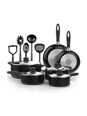 Vremi Professional Nonstick Aluminum 4 Lidded Pots And 2 Pans Cookware Set With 5 Kitchen Cooking Utensil Accessories, 15 Total Pieces