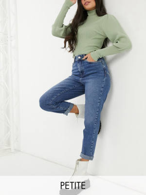 New Look Petite Waist Enhancing Mom Jeans In Mid Blue