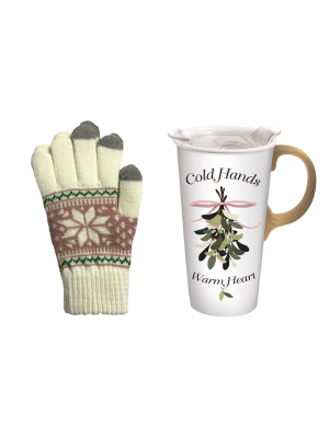 Cypress Home Beautiful Christmas Cold Hands Warm Heart Ceramic Travel Cup And Glove Gift Set - 5 X 4 X 7 Inches Indoor/o