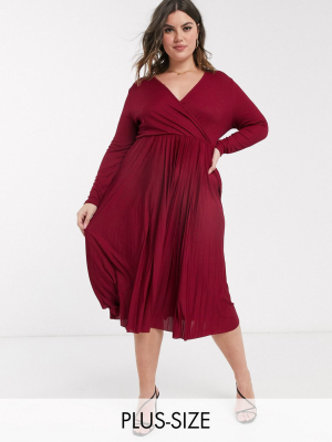 River Island Plus Pleated Wrap Midi Dress In Burgundy