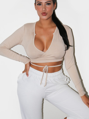 Shape Stone Jersey Tie Front Long Sleeve Crop Top