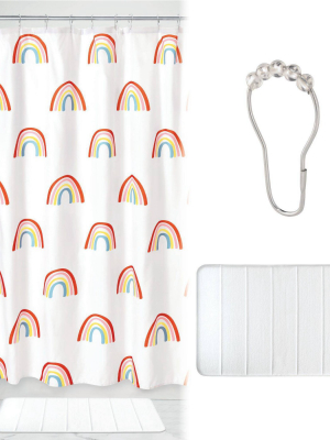 Rainbow Shower Curtain With Memory Foam Mat And Ring Bundle - Idesign