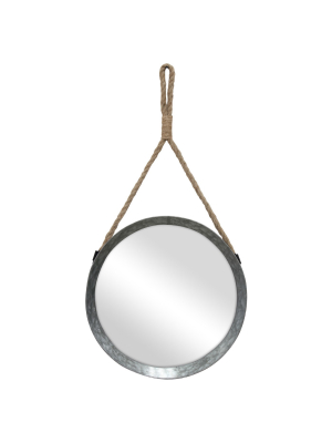 11.9" Suspended Round Galvanized Metal Wall Mirror With Rope Hanging Loop Brown/silver - Stonebriar Collection