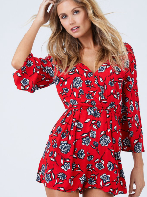 Terrace Bell Sleeves Playsuit - Red Floral Print