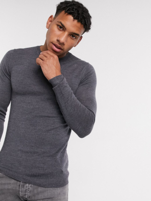 Asos Design Muscle Fit Merino Wool Crew Neck Sweater In Charcoal