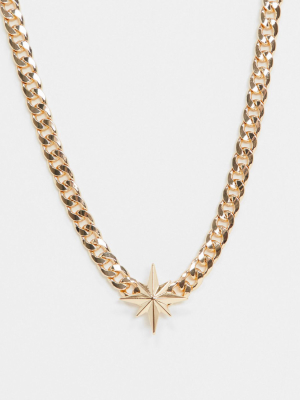 Asos Design Necklace With Star Pendant And Curb Chain In Gold-tone